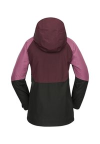 Waterdichte jas met een zwart ondergedeelte, bordeauxrode bovenrug en roze mouwen. Inclusief een capuchon en een slank ontwerp.