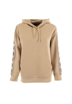 Sudadera beige hecha de un tejido suave que cuenta con un bolsillo tipo canguro, capucha ajustable y rayas estampadas a lo largo de las mangas con acentos de logo.