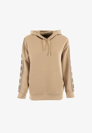 Sudadera beige hecha de un tejido suave que cuenta con un bolsillo tipo canguro, capucha ajustable y rayas estampadas a lo largo de las mangas con acentos de logo.