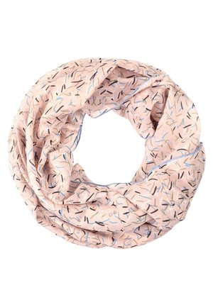 Lyserød tørklæde i stof med spredte små sorte, blå og beige stregmønstre, arrangeret i en cirkulær løkke på en hvid baggrund.