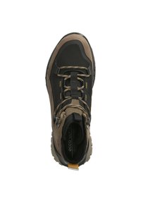 Schwarz-braune Wanderschuhe mit einer strukturierten Mesh-Oberfläche, verstärkter Zehenkappe und gelben Akzenten. Verfügt über strapazierfähige Schnürsenkel und eine robuste Laufsohle.