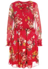 Robe rouge à fleurs, longueur genou, avec de longues manches transparentes, un col volanté et une taille cintrée.