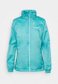 Veste légère d'extérieur bleu clair avec fermeture éclair intégrale, col montant, poignets élastiques, poches latérales et logo Regatta sur la poitrine.