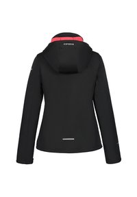 Chaqueta softshell negra con capucha, interior del collar en contraste rosa, acentos reflectantes y diseño ajustado. Textura suave y material transpirable.