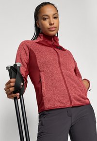 Giacca in pile con zip di colore rosso, realizzata in tessuto testurizzato, con accenti bordeaux a contrasto, due tasche laterali e un colletto alto. Vengono tenuti dei bastoni da trekking neri.