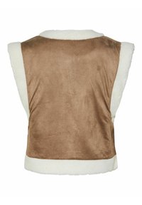 Brun mockavästar med vit fleecefoder vid kragen och nederkanten. Ärmlös design som visar en mjuk, strukturerad yta.