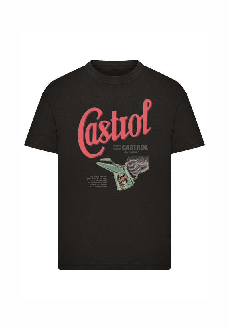 Schwarzes T-Shirt mit vintage Castrol-Logo in Rot und einer Illustration einer Hand, die eine grüne Castrol-Öldose hält.