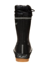 Bottes de pluie en caoutchouc noires avec un haut rembourré resserré et une semelle en caoutchouc. Présentent une bande réfléchissante et une surface extérieure texturée.
