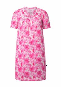 Vestido corto rosa con estampado floral hasta la rodilla, con mangas cortas y escote con volantes adornado con encaje blanco.