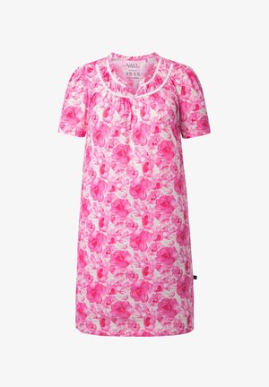 Vestito corto rosa con stampa floreale, lunghezza al ginocchio, maniche corte e scollatura arricciata rifinita con pizzo bianco.