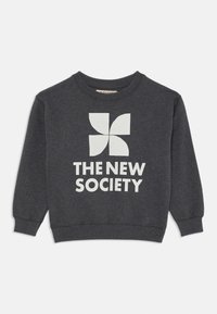 Sudadera gris oscuro hecha de una mezcla de algodón, con un gran gráfico blanco de una flor y el texto "THE NEW SOCIETY" en una fuente en negrita.