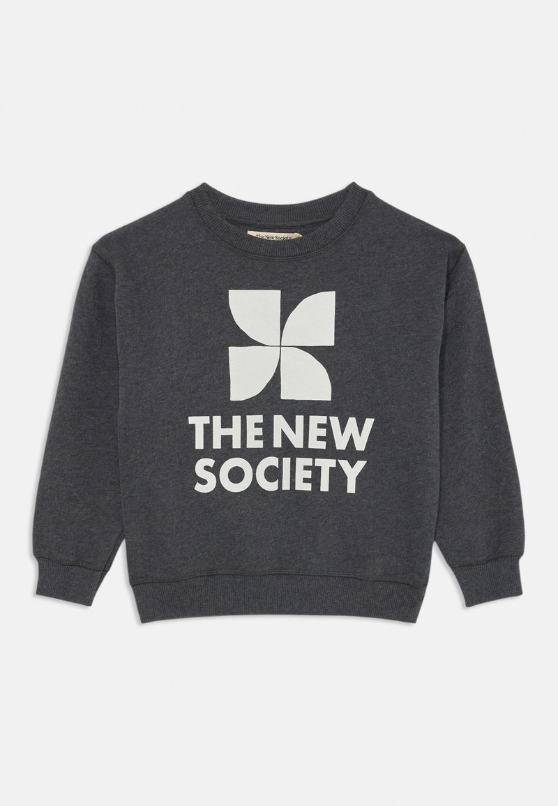 Sudadera gris oscuro hecha de una mezcla de algodón, con un gran gráfico blanco de una flor y el texto "THE NEW SOCIETY" en una fuente en negrita.