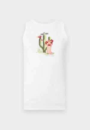 Weißes ärmelloses Shirt mit einem Kaktus, pinkfarbenen Cowboy-Stiefel und roten Blumen als Grafik in der Mitte vorne, beschriftet mit "Moroccan Sports".