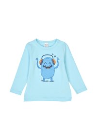 Camicia a maniche lunghe di colore azzurro chiaro con un cartone animato di un mostro con le cuffie e le braccia sollevate. Materiale in cotone con una texture morbida.