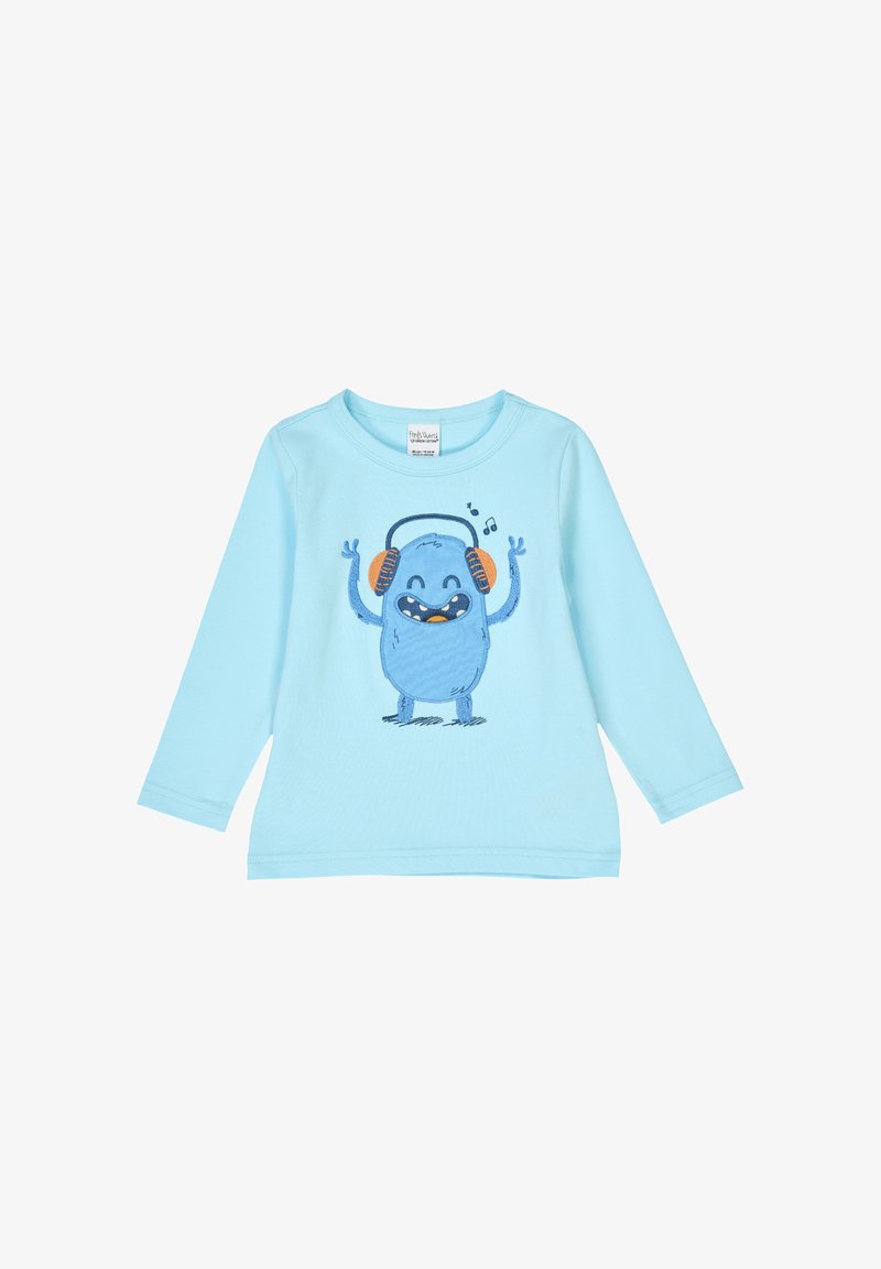 Světle modrá košile s dlouhým rukávem, na které je vyobrazena kreslená příšera s sluchátky a vztyčenýma rukama. Bavlněný materiál s měkkou texturou.