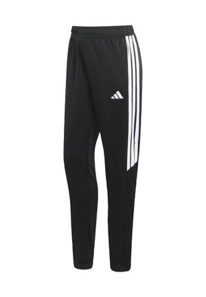 Czarne spodnie sportowe wykonane z gładkiej tkaniny, wyposażone w trzy białe pionowe paski po bokach oraz wyszywane logo z przodu.