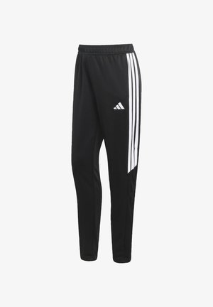 Pantaloni sportivi neri in tessuto liscio, con tre strisce bianche verticali sui lati e un logo ricamato sulla parte anteriore.