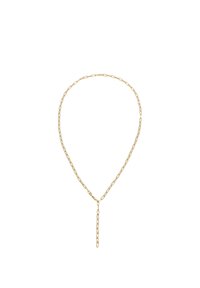 Halskette aus goldfarbenem Metall mit länglichen Gliedern und einem Anhänger. Glatte Textur und minimalistisches Design. Die Kette hängt in runder Form.