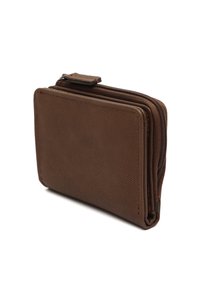 Portafoglio zip di colore marrone con una forma rettangolare. Presenta una chiusura zip sicura e un design compatto per una facile portabilità.