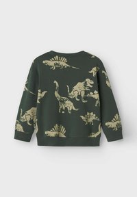 Sweatshirt vert foncé à manches longues avec des silhouettes de dinosaures brunes, comprenant des motifs de T-Rex, de Stégosaure et de Brachiosaure, vu de dos.