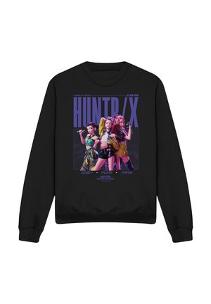 Black sweatshirt with a colorful graphic of three animated female K-pop characters labeled Zoey, Rumi, and Mira, with large text "HUNTR / X."