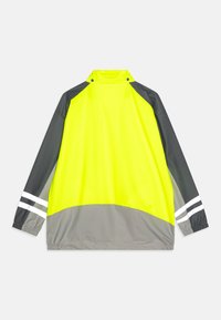 Hochsichtbare Jacke in Neon-Gelb und Grau. Verfügt über ein Kragen-Design, elastische Bündchen und zwei weiße reflektierende Streifen an den Ärmeln.