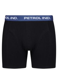 Caleçons noirs en tissu doux, dotés d'une taille élastique bleue avec le texte "PETROL IND." Comprend des coutures à plat pour le confort.
