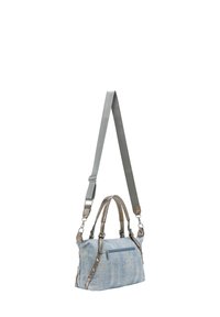 Denim håndtaske med grå accenter, dobbelte håndtag og aftagelig crossbody-rem. Har en udvendig lynlåslem og tekstureret overflade.