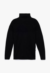 Suéter negro de cuello alto con textura acanalada en los hombros, tejido suave, mangas largas y dobladillo ajustado. Sin patrones ni acentos adicionales.