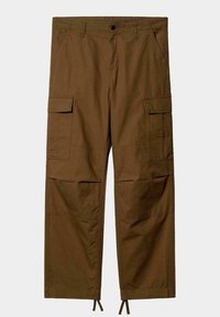 Pantalones cargo marrones hechos de tela durable, con múltiples bolsillos grandes, cierre de botón y lazos ajustables en el dobladillo.