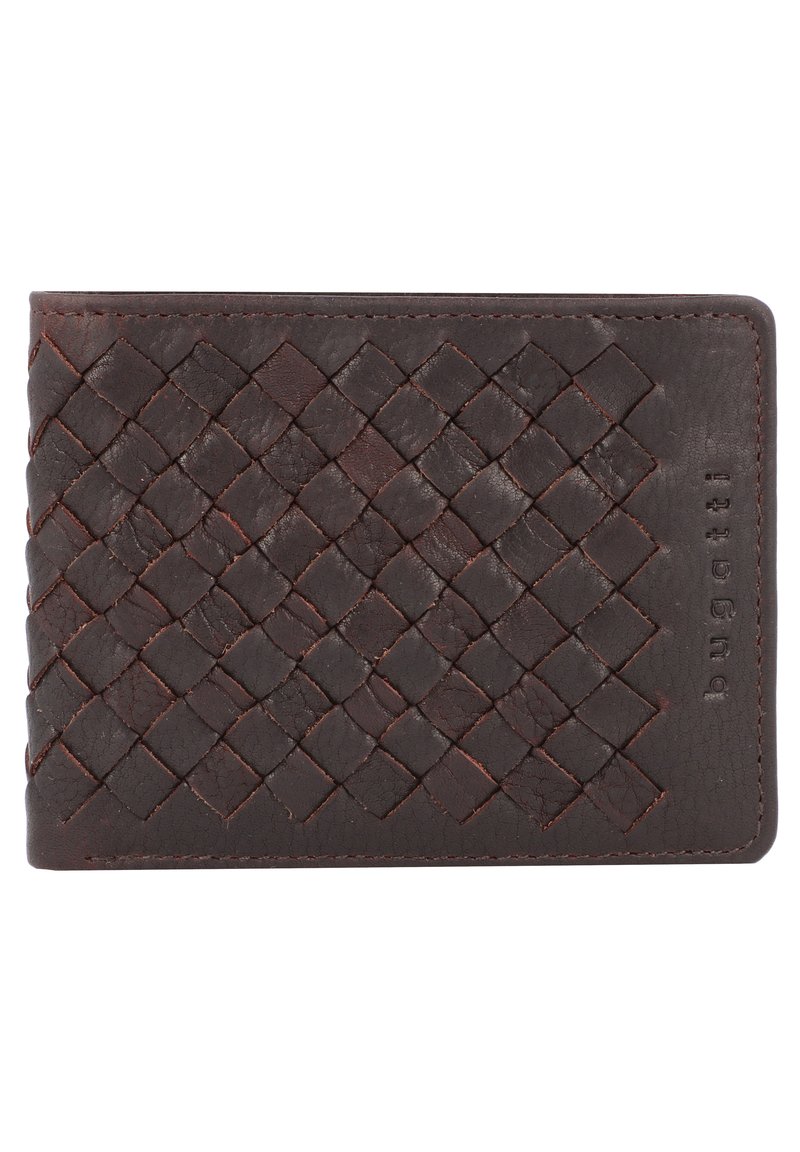 Woven leather wallet in dark brown, featuring a textured surface and smooth edges, with embossed brand logo on the side.