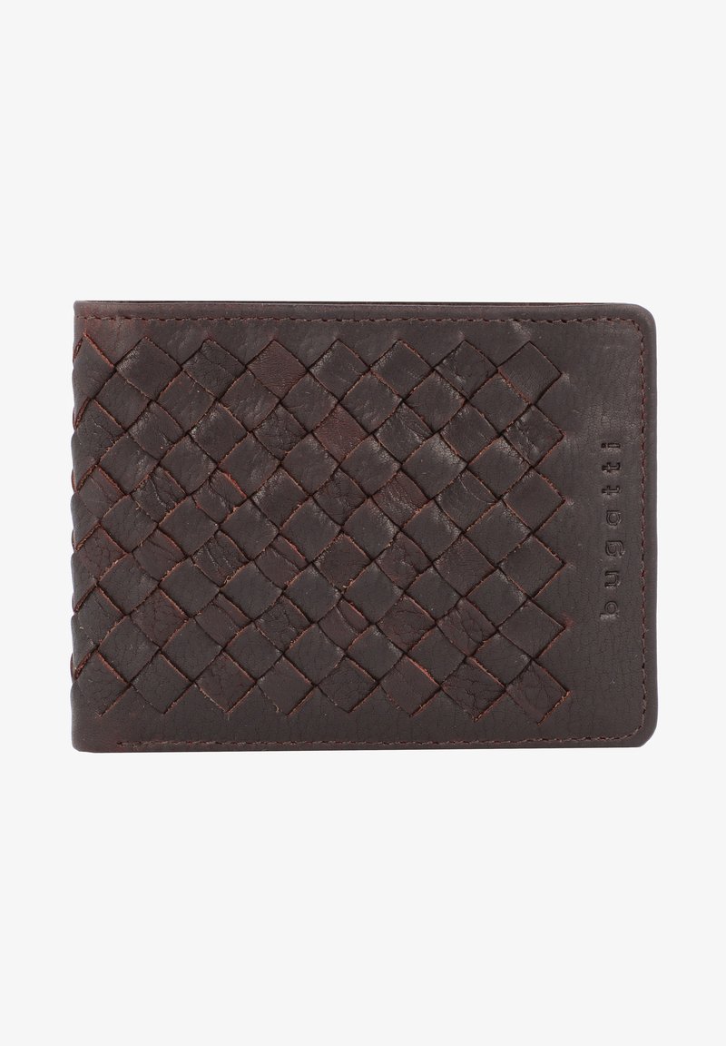 Woven leather wallet in dark brown, featuring a textured surface and smooth edges, with embossed brand logo on the side.