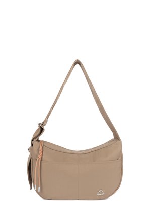 Sac d'épaule beige avec sangle réglable, poche avant, cordons décoratifs orange et petit emblème argenté en forme de cœur en bas à droite.
