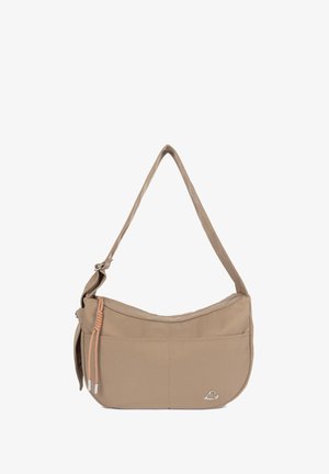 Sac d'épaule beige avec sangle réglable, poche avant, cordons décoratifs orange et petit emblème argenté en forme de cœur en bas à droite.