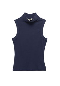 Marineblauwe mouwloze coltrui gemaakt van ribbelstof, met een hoge kraag en een aansluitende snit. Gladde textuur met minimale naden.