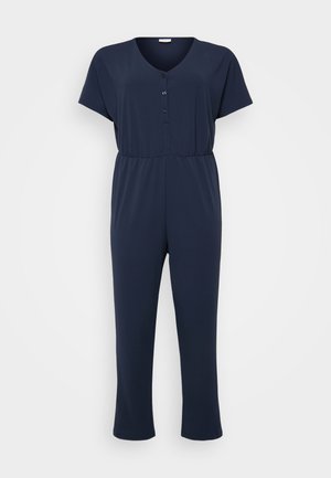 Mörkblå jumpsuit med korta ärmar, V-ringning och tre knappar. Har en rynkad midja och raka ben, tillverkad av mjukt tyg.