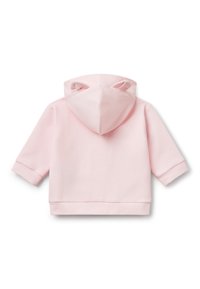 Růžová mikina s kulatou kapucí, která má malé špičaté uši. Vyrobena z měkké látky, má dlouhé rukávy a rovný lem.