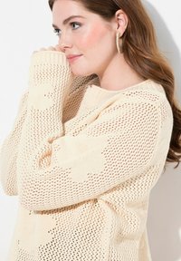 Maglione lavorato a maglia beige chiaro con motivo a rete aperta, caratterizzato da accenti floreali sulle maniche. Tessuto morbido e polsini a coste.