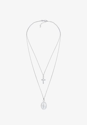 Colier cu straturi de argint, care prezintă un pandantiv în formă de cruce și o medalie cu Fecioara Maria, ambele având detalii intricate. Lanturile sunt subțiri și împletite.