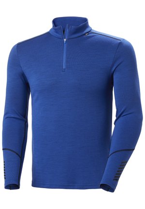 Suéter de manga larga azul con cuello con cremallera. Fabricado en tejido texturizado, cuenta con acentos negros y detalles a rayas en las mangas.