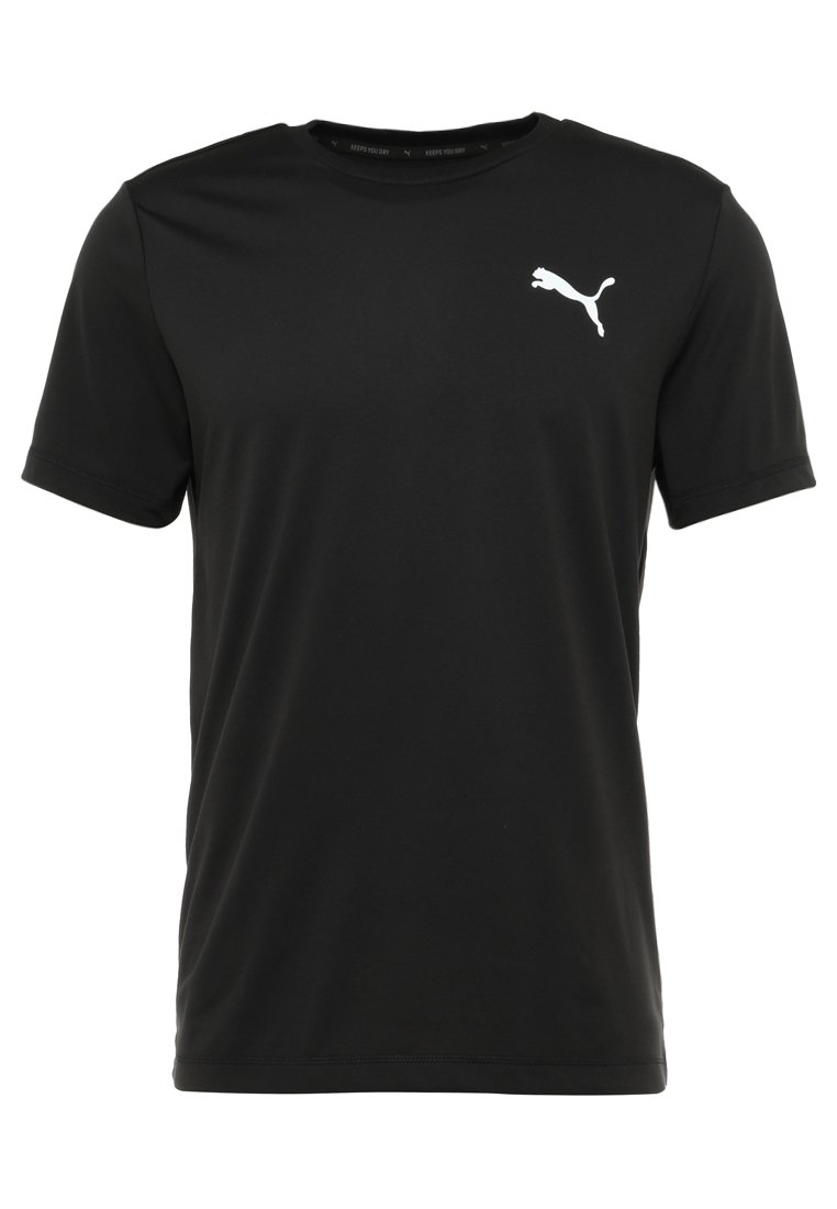 Camiseta deportiva negra de manga corta con el logo blanco de Puma en el lado izquierdo del pecho y cuello redondo.