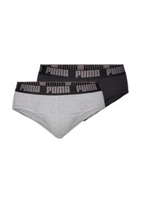 Zwei Paare elastischer Baumwollslips in Grau und Schwarz mit einem breiten schwarzen Bund, der das "PUMA"-Logo in fetten Buchstaben zeigt.