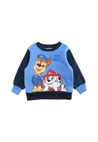 Sweat-shirt bleu avec manches bleu marine présentant des personnages de dessin animé de "Paw Patrol". Comprend des illustrations d'un chien en uniforme de police et d'un dalmatien.