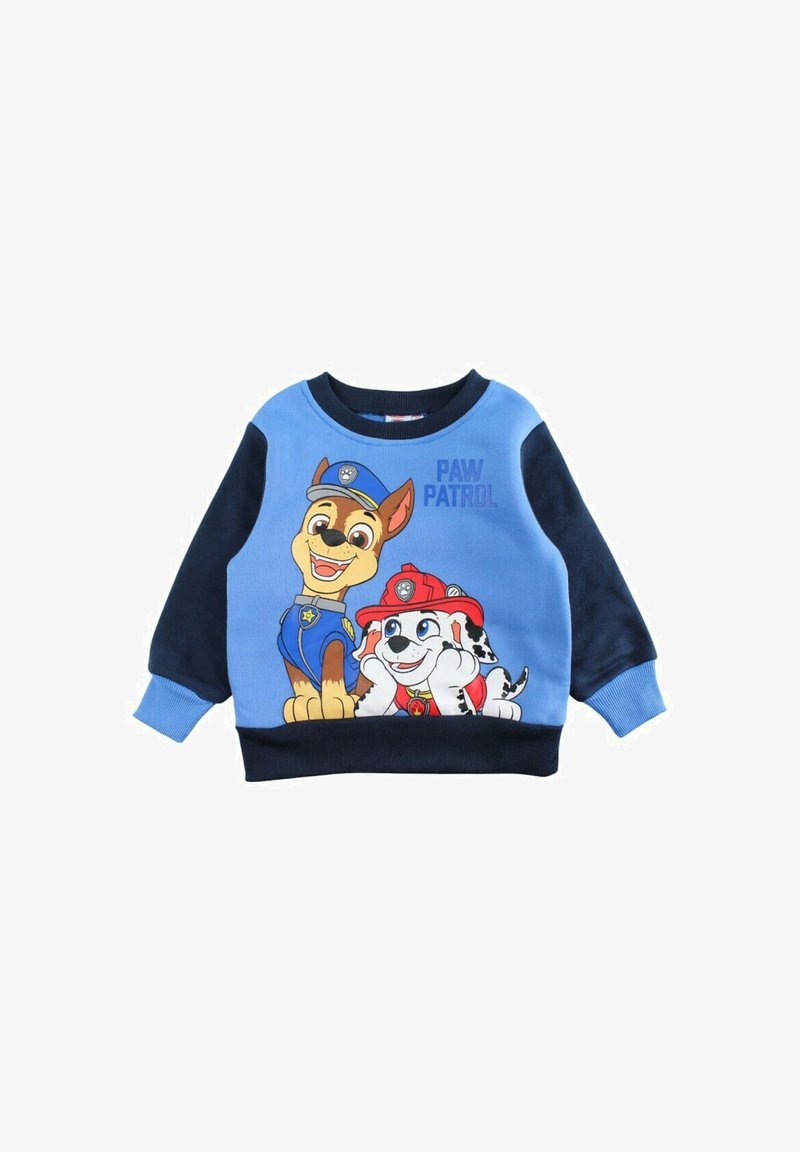 Sweat-shirt bleu avec manches bleu marine présentant des personnages de dessin animé de "Paw Patrol". Comprend des illustrations d'un chien en uniforme de police et d'un dalmatien.