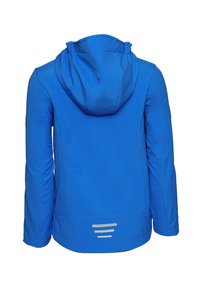 Blue jacket with a hood, smooth texture, featuring reflective accents on the back and sleek, tailored design.