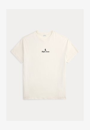 Korte mouwen, crème katoen t-shirt met een zwart logo en de tekst "Polo Ralph Lauren" gecentreerd op de borst. Klassieke pasvorm, ronde hals ontwerp.