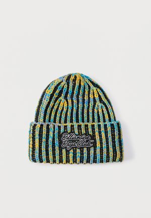 Bonnet tricoté avec des rayures verticales bleues, jaunes et noires, bordure rabattue et patch brodé "Billionaire Boys Club" à l'avant.