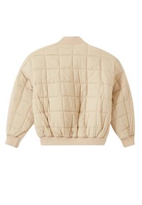 Giacca imbottita beige con design trapuntato, polsini e orlo elasticizzati, e collo rotondo. Il materiale appare morbido e isolante.