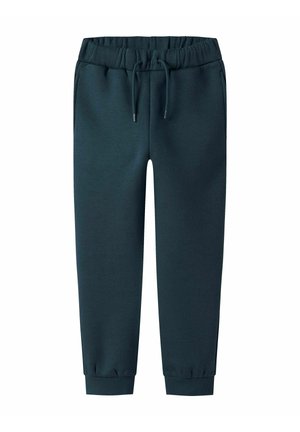 Pantalons de jogging à taille élastique vert foncé avec cordon de serrage réglable, poches latérales et poignets côtelés aux chevilles.