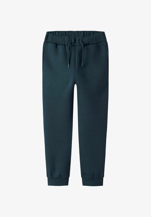 Pantalones joggers de cintura elástica en verde oscuro, con cordón ajustable, bolsillos laterales y puños acanalados en los tobillos.